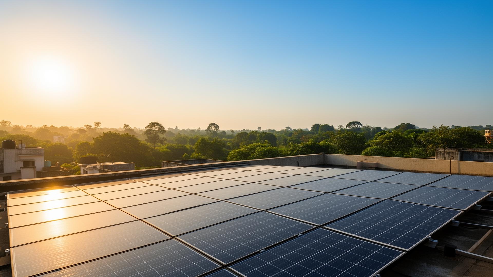 Solar panels on Maharashtra rooftop at sunrise